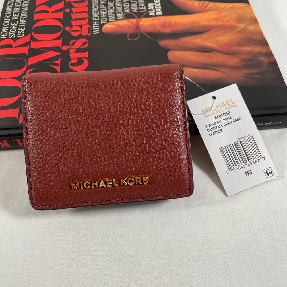 NWT Michael Kors MK Carryall Card Case Card Holder Leather Wallet Brick